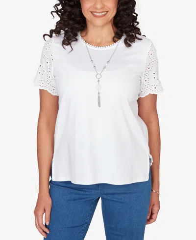 Alfred Dunner Women's Classic Solid Eyelet Sleeve T-shirt With Necklace In White