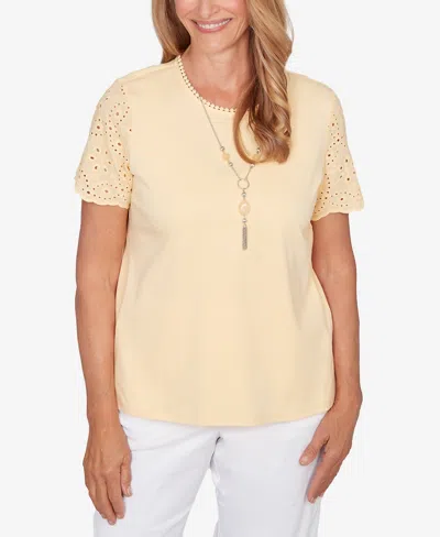 Alfred Dunner Women's Classic Solid Eyelet Sleeve T-shirt With Necklace In Yellow