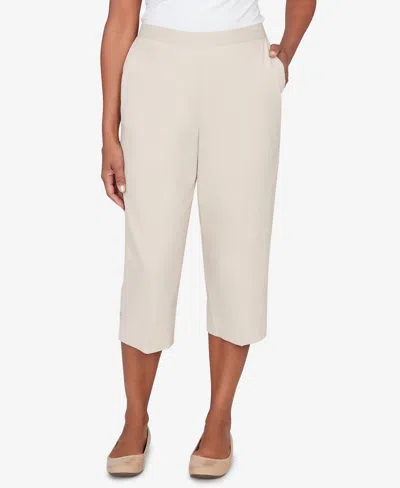Alfred Dunner Women's Classic Solid Twill Button Hem Capri Pants In White