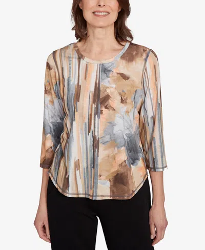 Alfred Dunner Women's Classic Spliced Floral Stripe Top In Neutral
