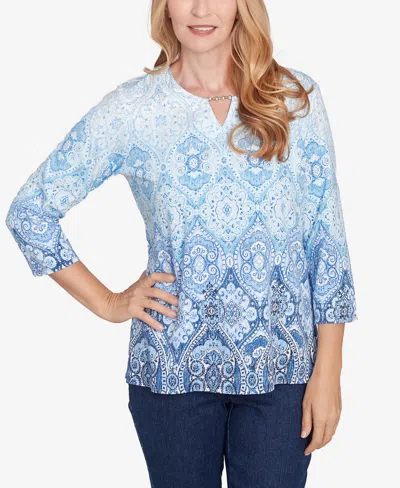 Alfred Dunner Plus Size Classic Split Beaded Neck Ombre Medallion Top In Navy