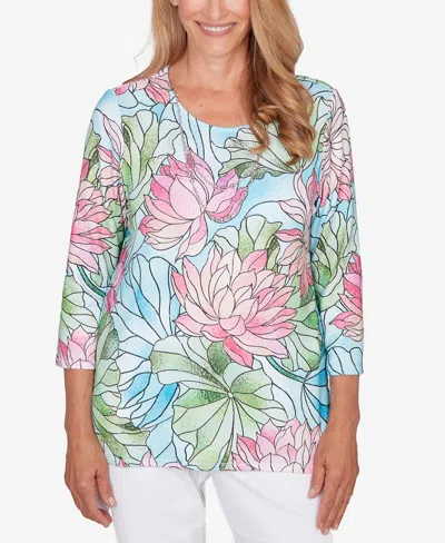 Alfred Dunner Women's Classic Stained Glass Floral Print Top With Necklace In Multi