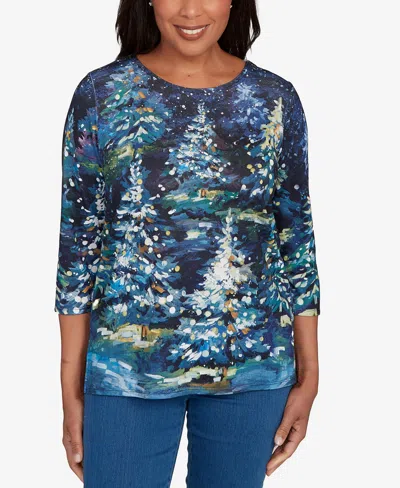 Alfred Dunner Women's Classic Starry Night Holiday Tree Crew Neck Top In Blue