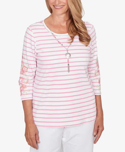 Alfred Dunner Women's Classic Stripe Embroidered Sleeve Top With Necklace In Pink