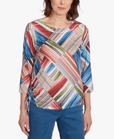 Alfred Dunner Women's Classic Stripe Patchwork Ruched Sides Top In Multi