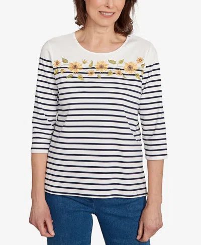 Alfred Dunner Women's Classic Sunflower Striped Crew Neck Top In White