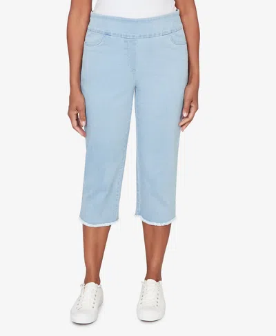 Alfred Dunner Women's Classic Super Stretch Denim Fringe Capri Pants In Blue