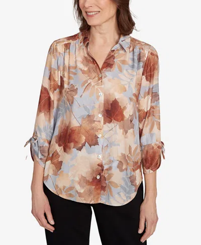 Alfred Dunner Women's Classic Textured Leaf Button Front Top