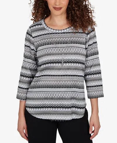 Alfred Dunner Women's Classic Textured Stripe Knit Top With Necklace In Black