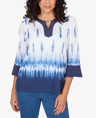 Alfred Dunner Plus Size Classic Tie Dye Border Split Neck Top In Blue