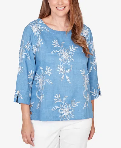Alfred Dunner Plus Size Classic Tossed Floral Embroidered Top In Blue