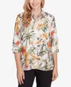 Alfred Dunner Petite Classics Tropical Bird Button Front Top In Olive Multi