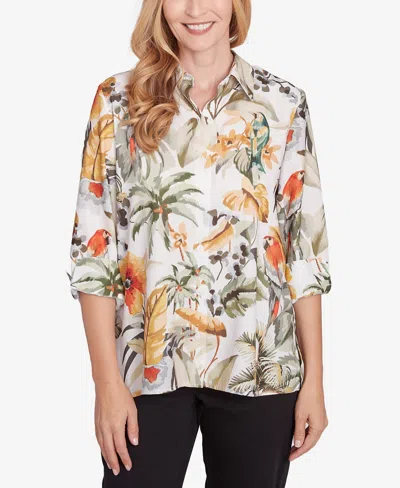 ALFRED DUNNER WOMEN'S CLASSIC TROPICAL BIRD BUTTON FRONT TOP