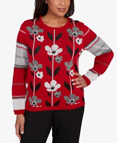 Alfred Dunner Women's Classic Vertical Flower Zig Zag Long Sleeves Sweater In Red