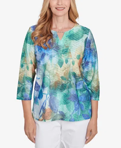 Alfred Dunner Women's Classic Watercolor Leaves Knit Top In Multi Green