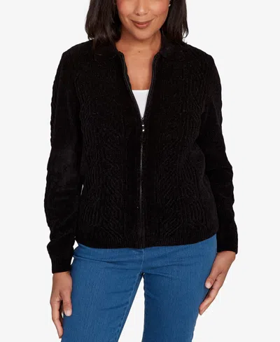 Alfred Dunner Women's Classic Zip-front Chenille Collared Cardigan Sweater In Black