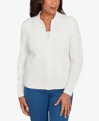 Alfred Dunner Plus Size Classic Zip-front Chenille Collared Cardigan Sweater In White