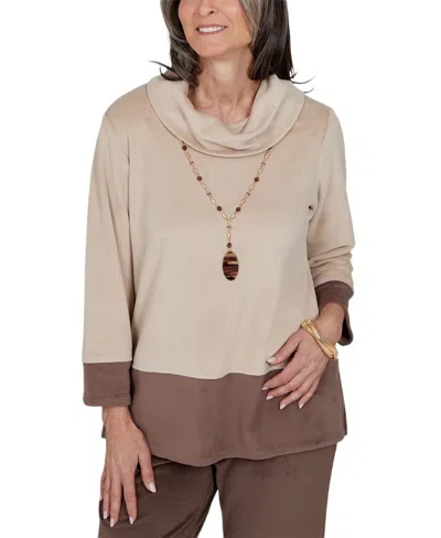 Alfred Dunner Women's Colorblock Cowl Neck 3/4-sleeve Faux Suede Tunic Top In Gray