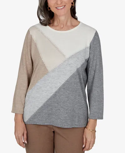 Alfred Dunner Women's Colorblock Embellished 3/4-sleeve Pullover Sweater In Gray Multi