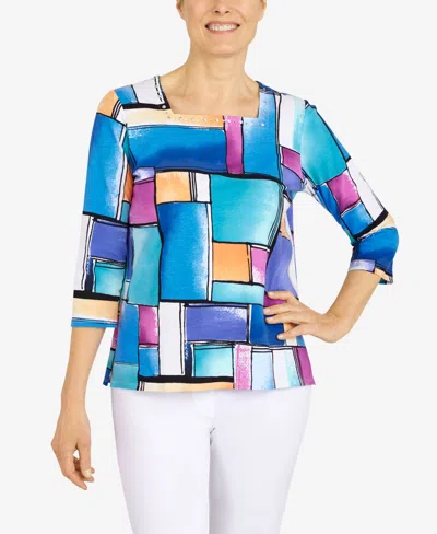 Alfred Dunner Women's Colorblock Square Neck Top In Blue