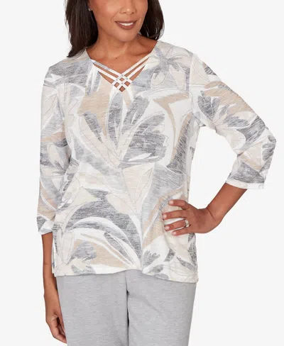 Alfred Dunner Women's Comfort & Joy Leaf Print Crossover V-neck Top In Gray
