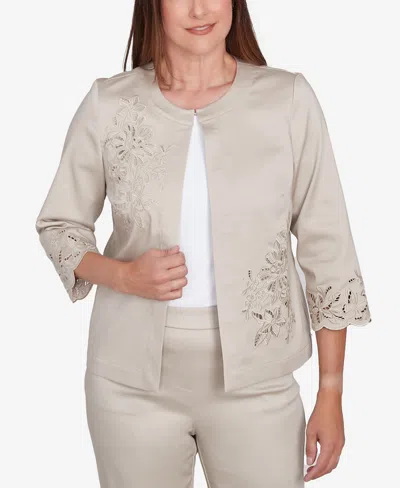 Alfred Dunner Women's Coming Up Roses Floral Cut Out Sateen Jacket In Almond
