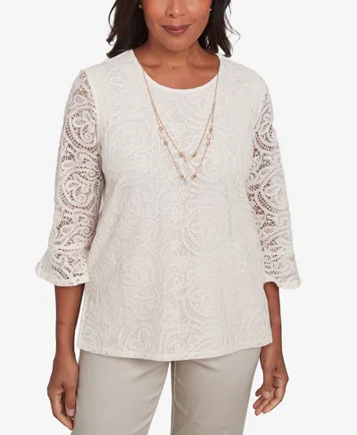 Alfred Dunner Women's Coming Up Roses Lace Woven Top With Necklace In Ivory