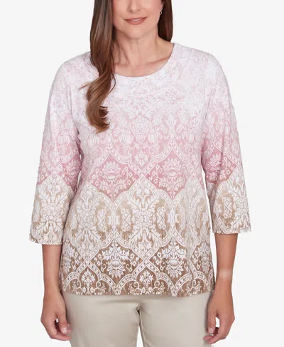 Alfred Dunner Women's Coming Up Roses Ombre Medallion Three Quarter Sleeve Top With Necklace In Multi Pink
