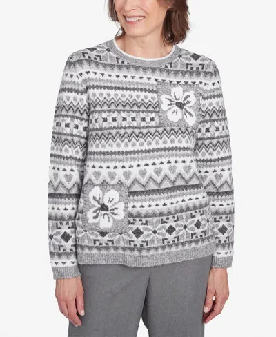 Alfred Dunner Petite Copenhagen Fair Isle Biadere Patch Sweater In Grey Multi