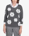 Alfred Dunner Women's Copenhagen Floral Collared Two In One Sweater In Graphite