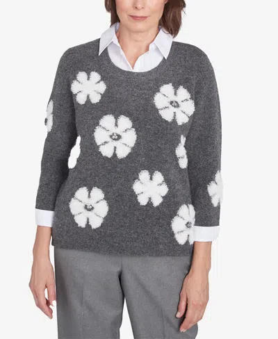 Alfred Dunner Women's Copenhagen Floral Collared Two In One Sweater In Graphite