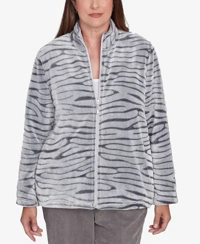 Alfred Dunner Women's Copenhagen Fuzzy Sculpted Zebra Animal Jacket In Graphite