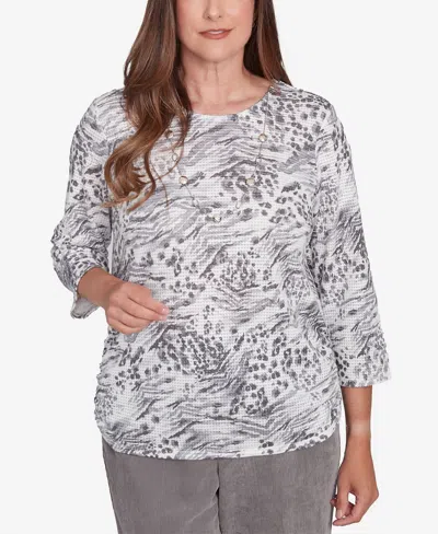 Alfred Dunner Women's Copenhagen Monotone Gray Animal Print Top In Grey Multi