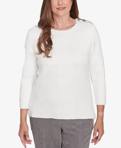 Alfred Dunner Women's Copenhagen Textured Cable Button Shoulder Sweater In Winter White
