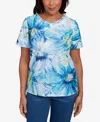 Alfred Dunner Petite Summer Breeze Floral Watercolor Top In Blue