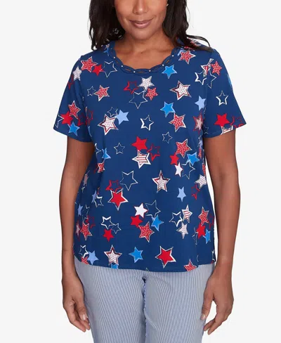 Alfred Dunner Plus Size Star Studded Crew Neck Tee In Navy