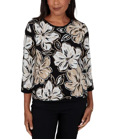 Alfred Dunner Women's Crewneck Floral Pullover Sweater In Black Multi