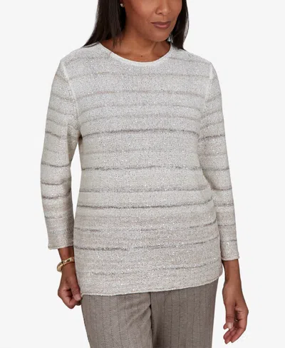 Alfred Dunner Women's Crewneck Striped 3/4-sleeve Pullover Sweater In Latte