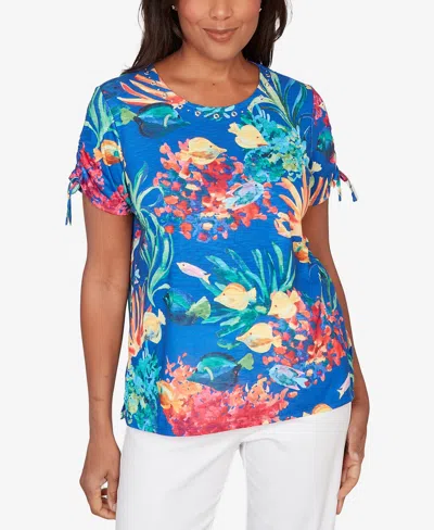 Alfred Dunner Women's Crewneck Tropical Reef Tie Sleeve T-shirt In Blue