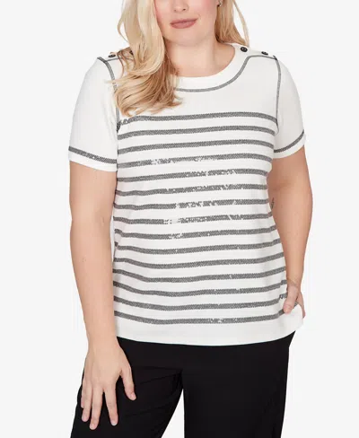 Alfred Dunner Women's Crowd Pleaser Biadere Sequin Stripes Top In Neutral