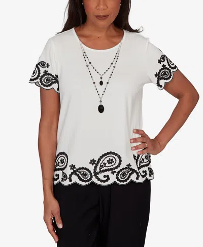 Alfred Dunner Women's Crowd Pleaser Paisley Border T-shirt With Necklace In White