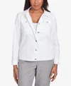 Alfred Dunner Women's Crystal Springs Eyelet Denim Collared Neck Jacket In White