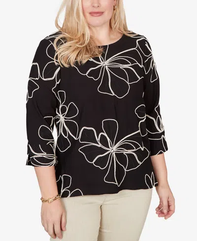 Alfred Dunner Women's Detail Driven Flower Soutache 3/4-sleeve Top In Black