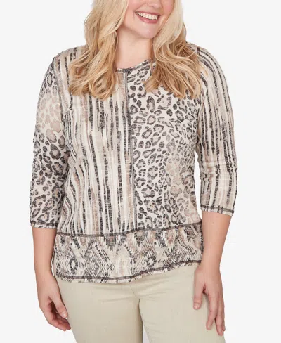 Alfred Dunner Women's Detail Driven Spliced Aztec Animal Skin Crewneck Top In Multi