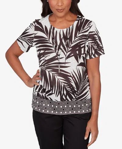 Alfred Dunner Women's Detail Driven Tropical Diamond Border Crewneck T-shirt In Multi