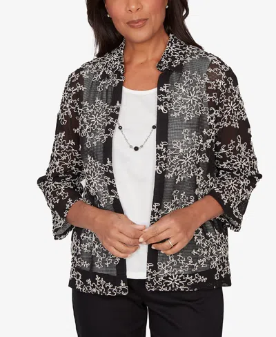 Alfred Dunner Women's Detail Driven Two-in-one Mesh Soutache Top With Necklace In Black