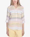 Alfred Dunner Petite Dress Code Button Down Striped Cuffed Sleeve Top In Multi Yellow