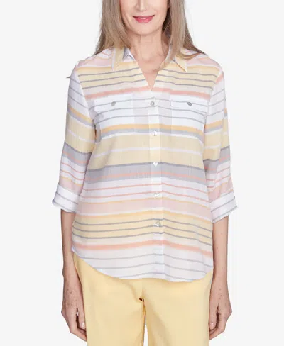 ALFRED DUNNER WOMEN'S DRESS CODE BUTTON DOWN STRIPED CUFFED SLEEVE TOP