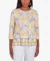 Alfred Dunner Petite Dress Code Geometric Medallion Crewneck Top In Multi Yellow