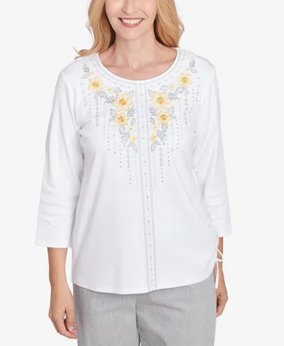 ALFRED DUNNER WOMEN'S DRESS CODE LINEAR KNIT FLORAL EMBROIDERED CREW NECK TOP
